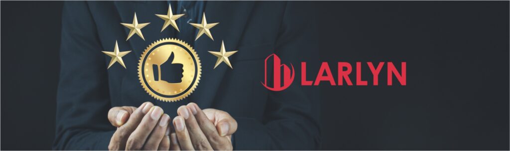 business man holding out hands with 5 stars and gold thumbs up hovering above beside Larlyn logo in red.