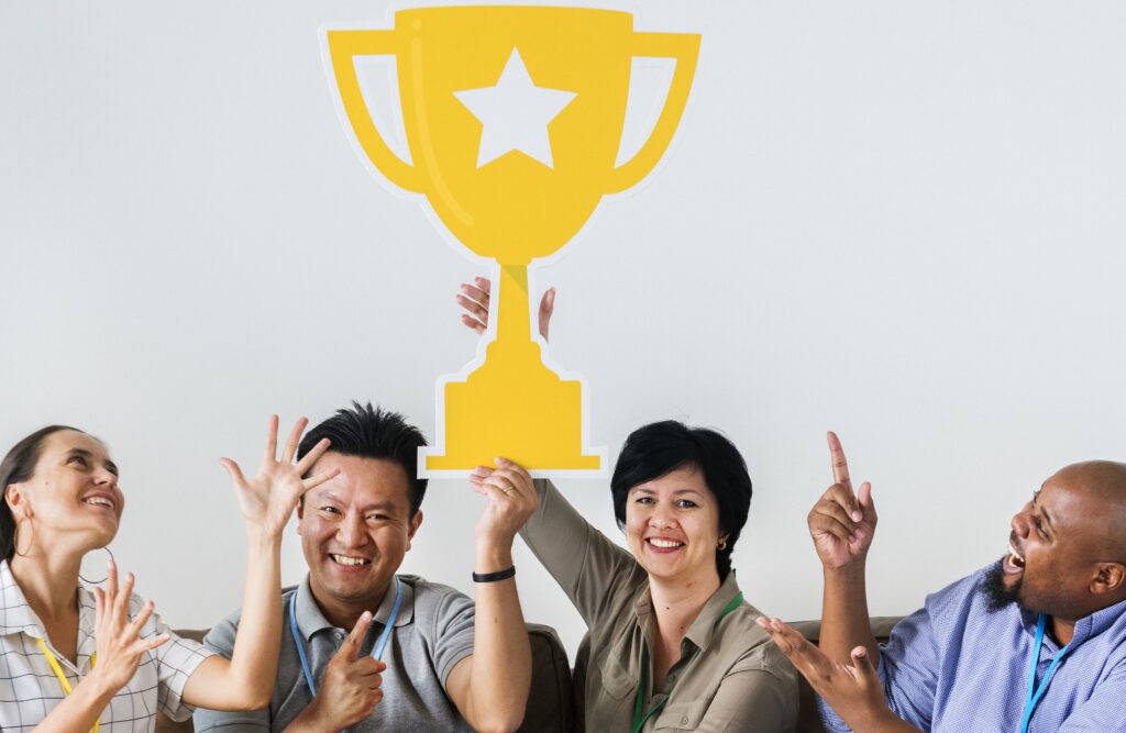 Workers celebrating their success