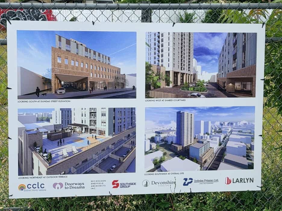 architectural rendering showcasing future Doorways to Dreams affordable housing development displayed at construction site in London’s Old East Village